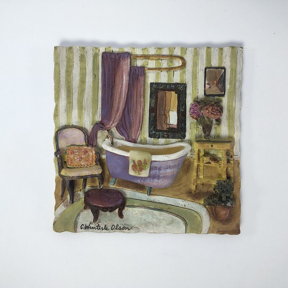 Vintage C. Winterle Olson 3D Bathroom Scene Plaque Ceramic Hand Painted Wall Art